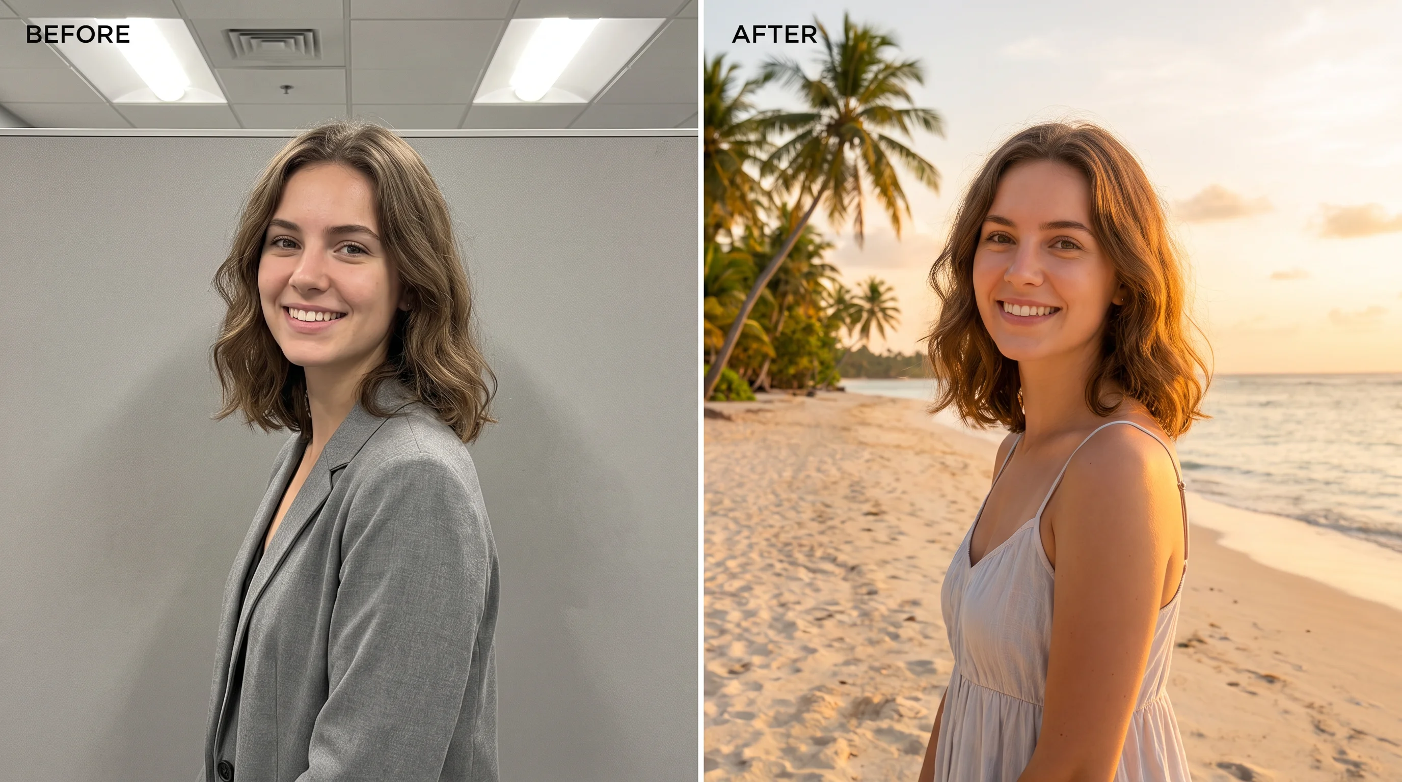 Before-and-after AI image change: a photo beside the same subject on a completely different background