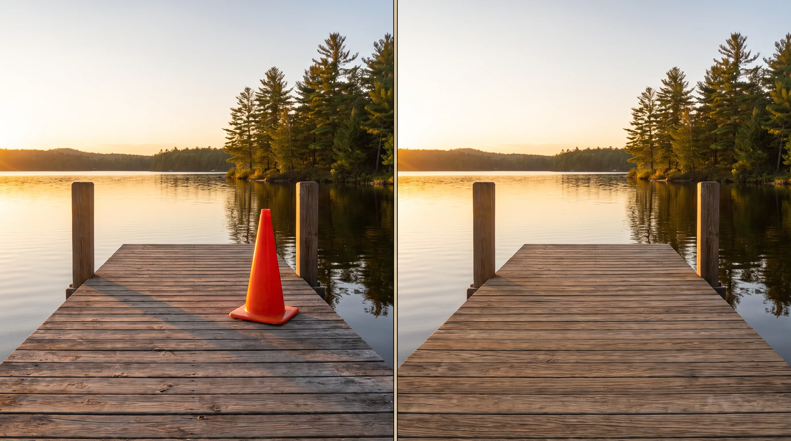 Before-and-after AI image change: a photo beside the same photo with a distracting object removed