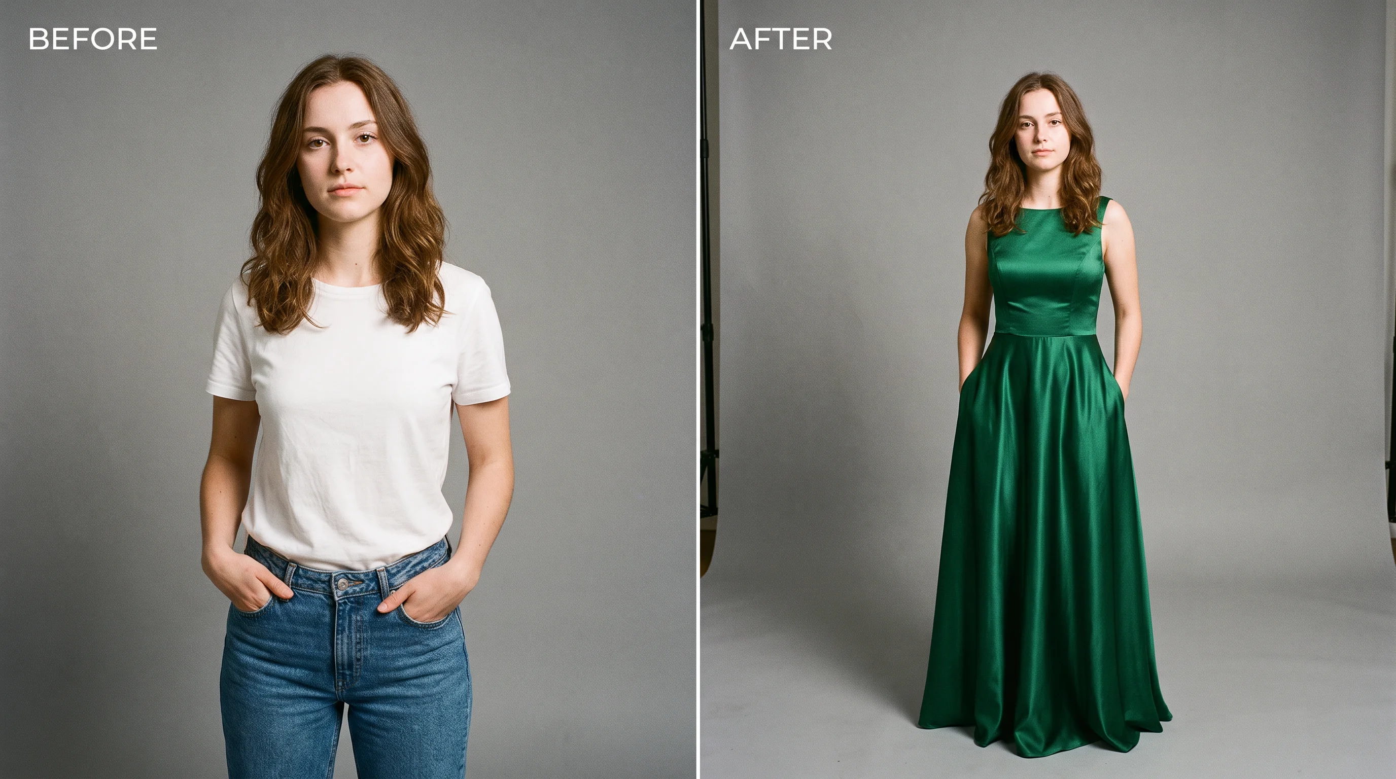 Before-and-after AI image change: the same person shown in a different outfit