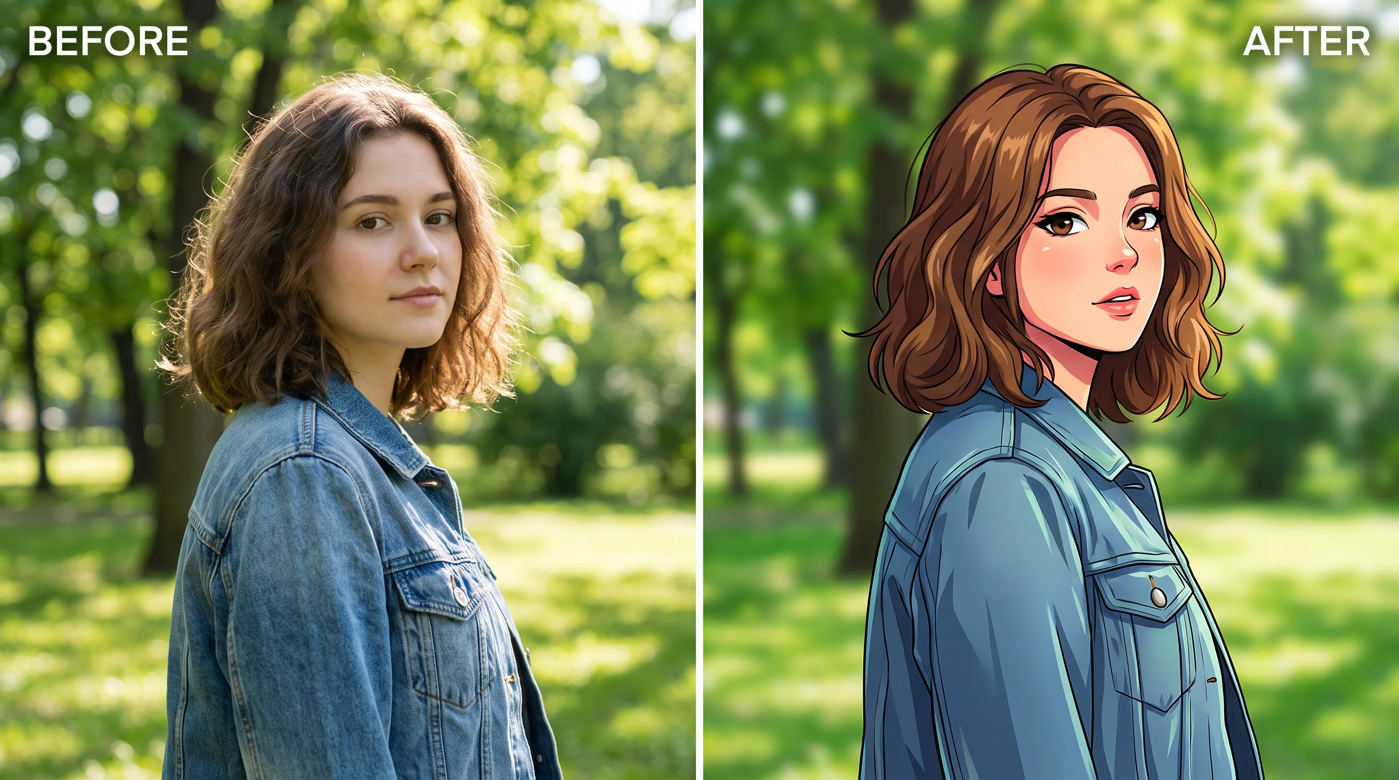 Before-and-after AI image change: a photo beside the same photo restyled as anime art