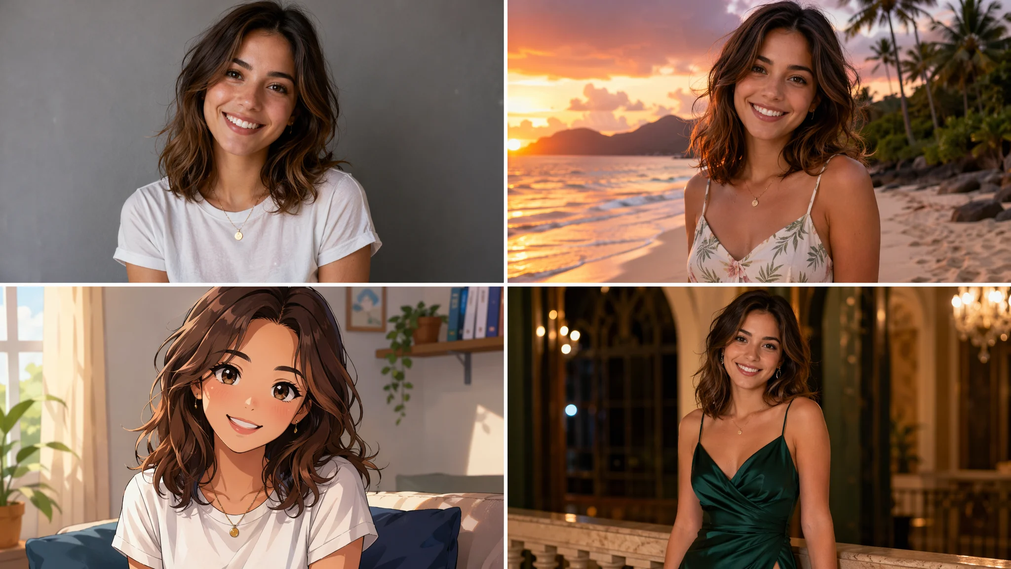 The same person shown four ways — original photo, new background, anime restyle, and a new outfit