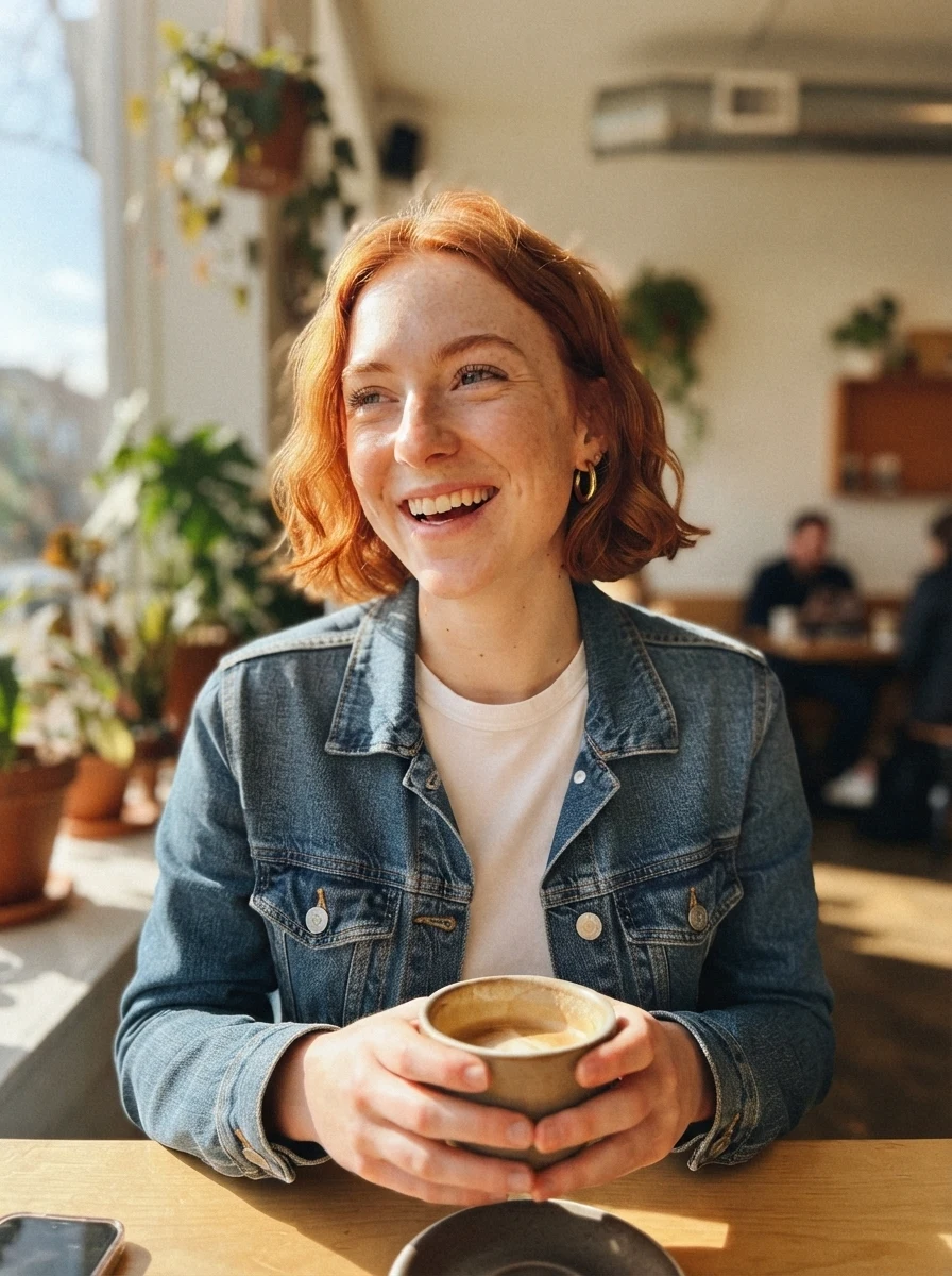 The same fictional AI influencer laughing at a sunny cafe table in a denim jacket, generated from the persona portrait