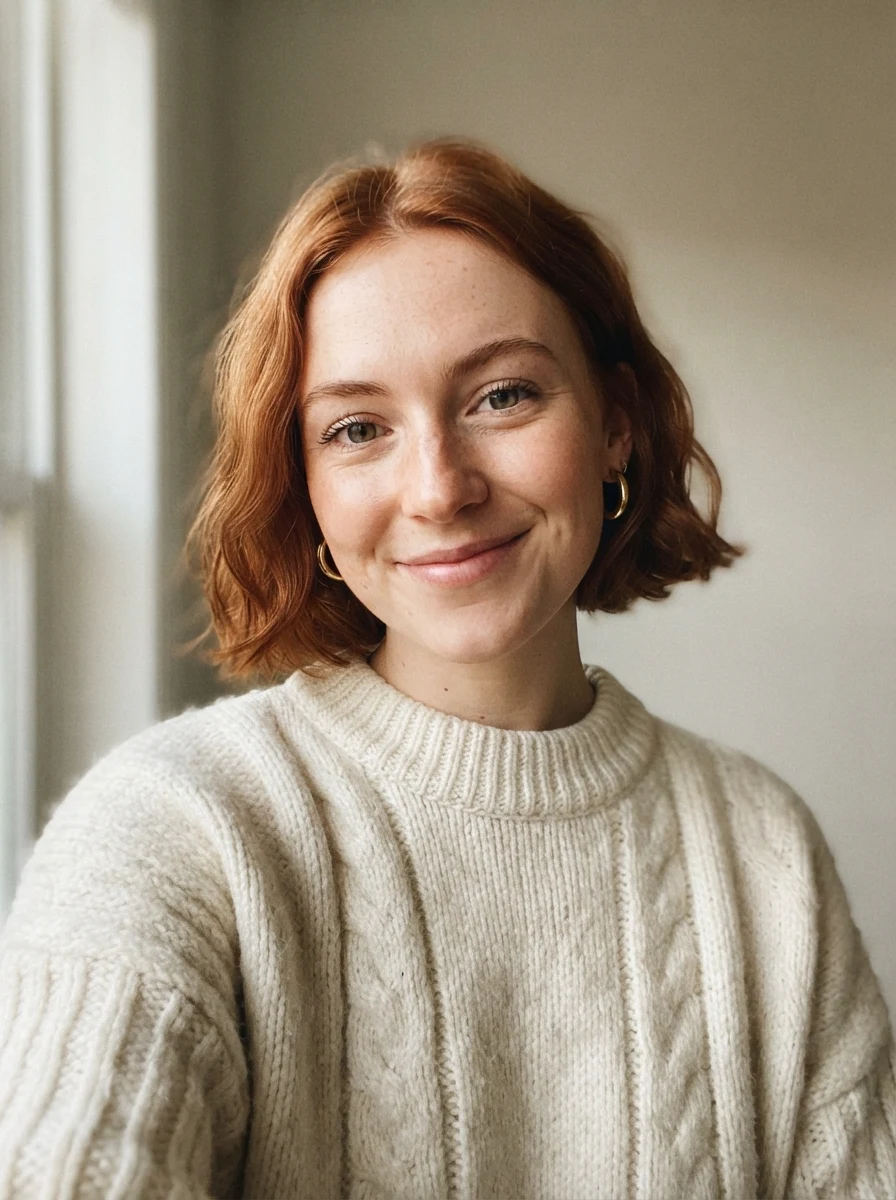 A fictional AI influencer persona: a young woman with a copper-red bob, freckles and gold hoop earrings in a cream sweater, created from a text description
