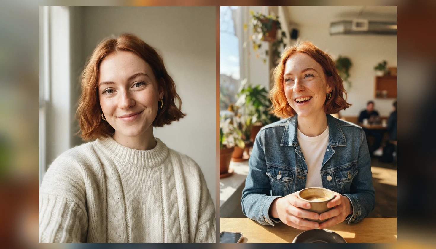 The persona portrait beside the same fictional woman laughing at a cafe table in a denim jacket, real model output