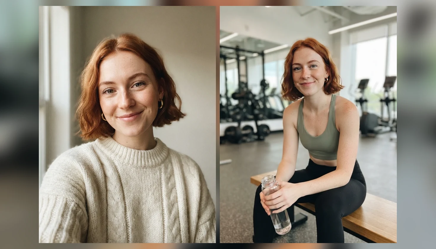 The persona portrait beside the same fictional woman sitting on a gym bench in a sage sports top, real model output