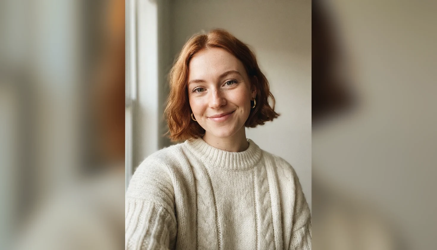Head-and-shoulders portrait of a fictional AI influencer with a copper-red bob and freckles, real model output