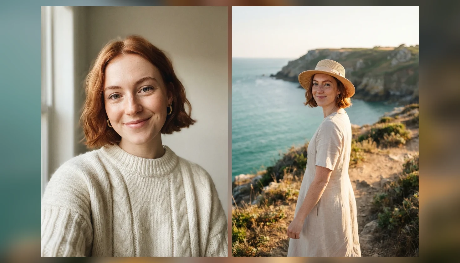 The persona portrait beside the same fictional woman in a straw hat on a cliff path above the sea, real model output