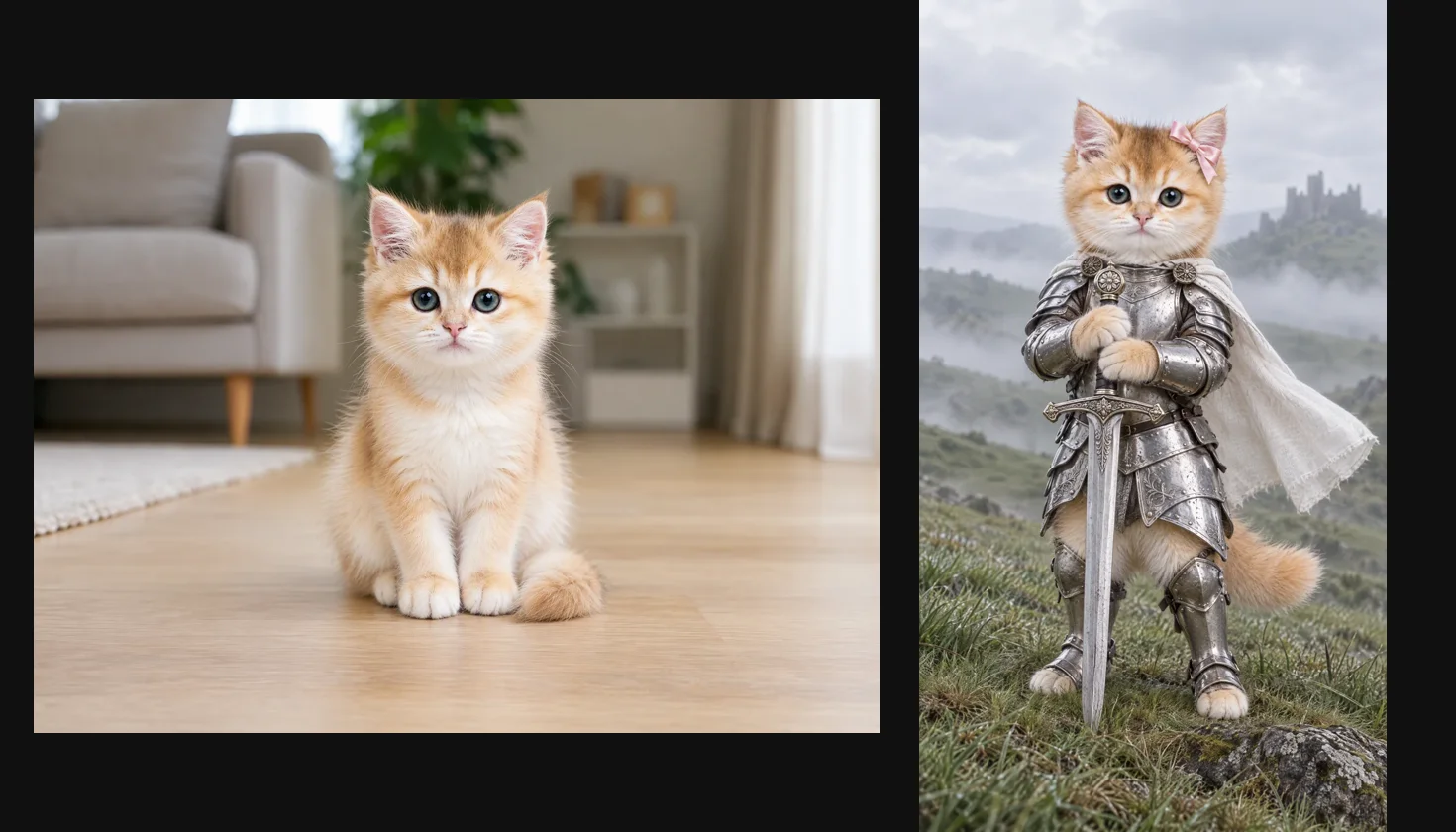 A photo of a ginger kitten next to the same kitten as a knight in silver armor with a white cape and a pink bow, holding a long sword on a misty hill