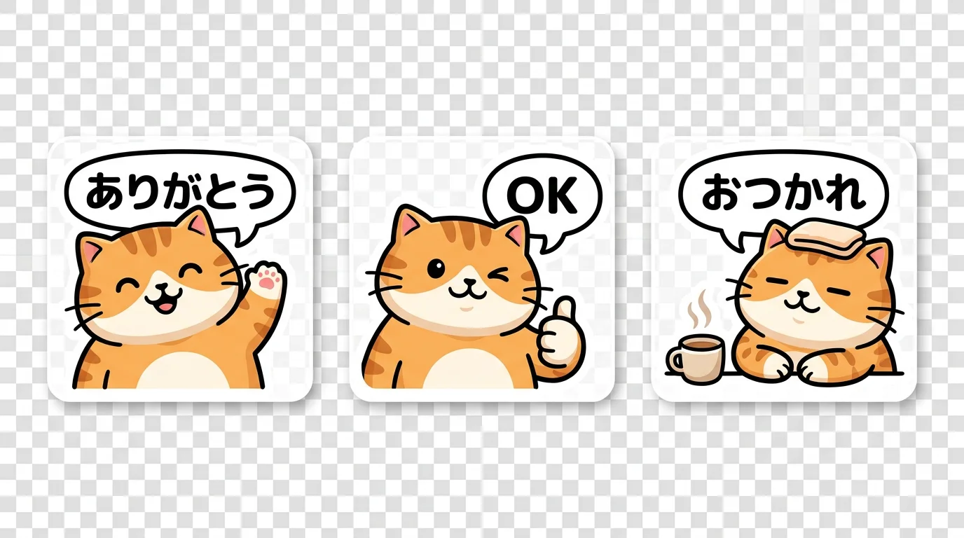 透過背景に「ありがとう」「OK」の日本語の吹き出しを添えたオリジナルマスコットのスタンプ