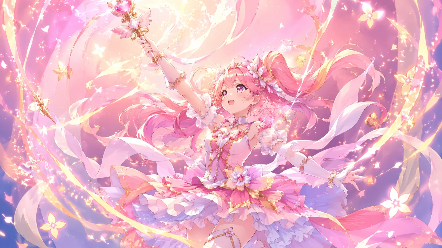変身エフェクトと輝くパステルコスチュームを纏ったオリジナル魔法少女のセル調イラスト