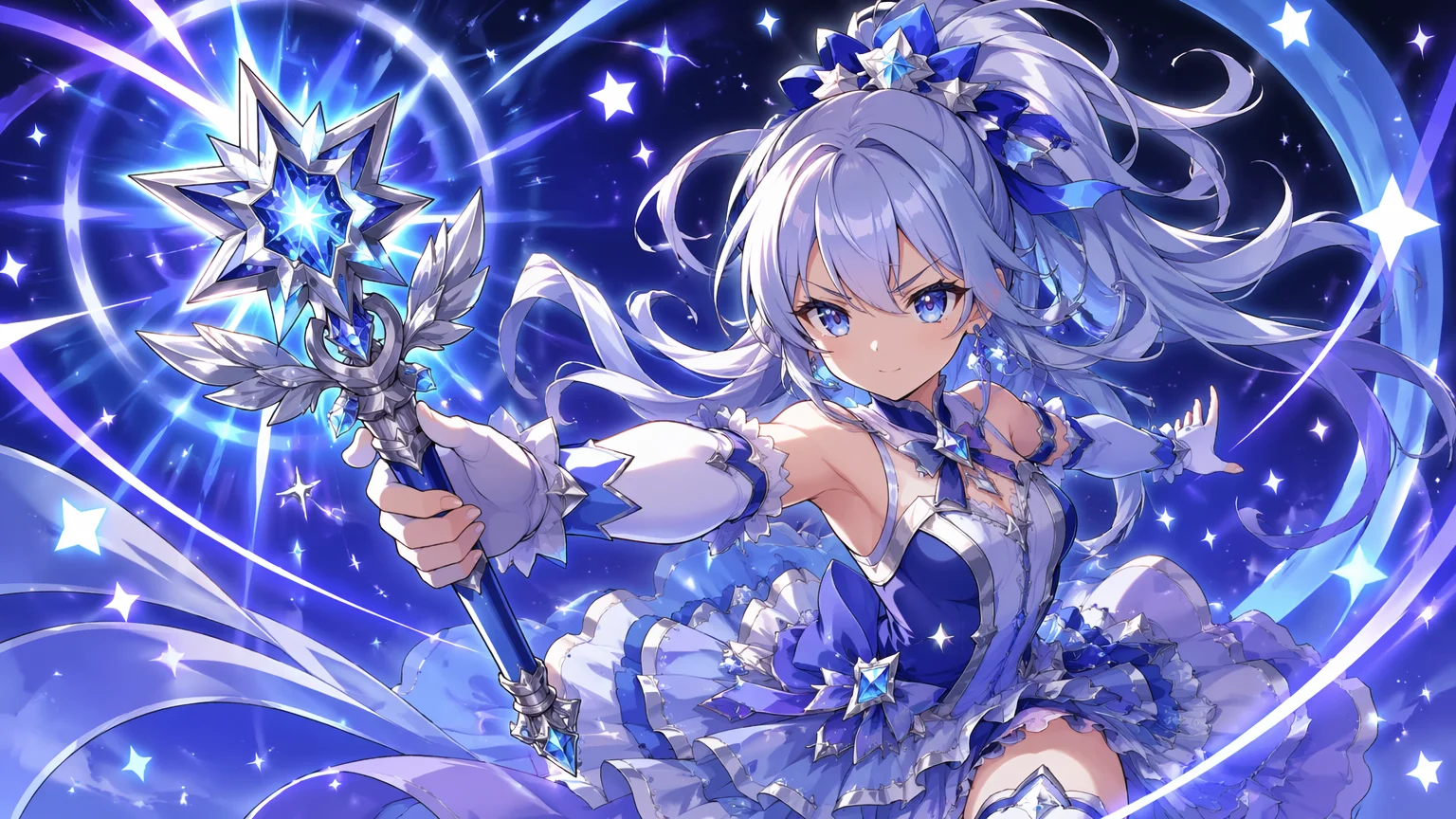 輝く星型ワンドを持ち戦闘ポーズを取る、オリジナルのセル調魔法少女キャラクター