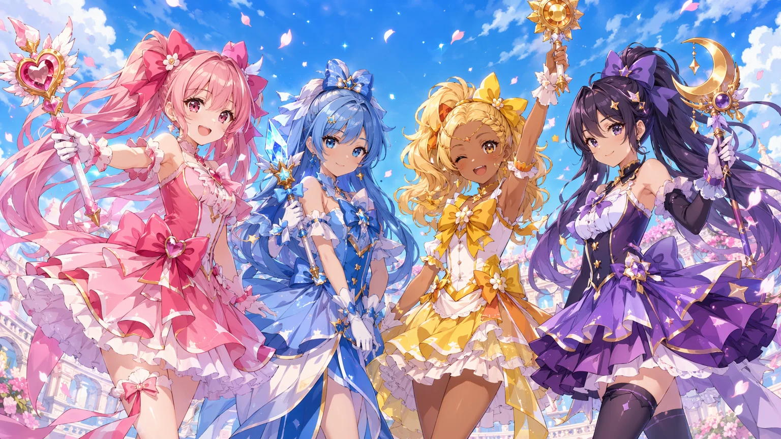 4色のコスチュームを纏ったオリジナル魔法少女チームのセル調グループイラスト