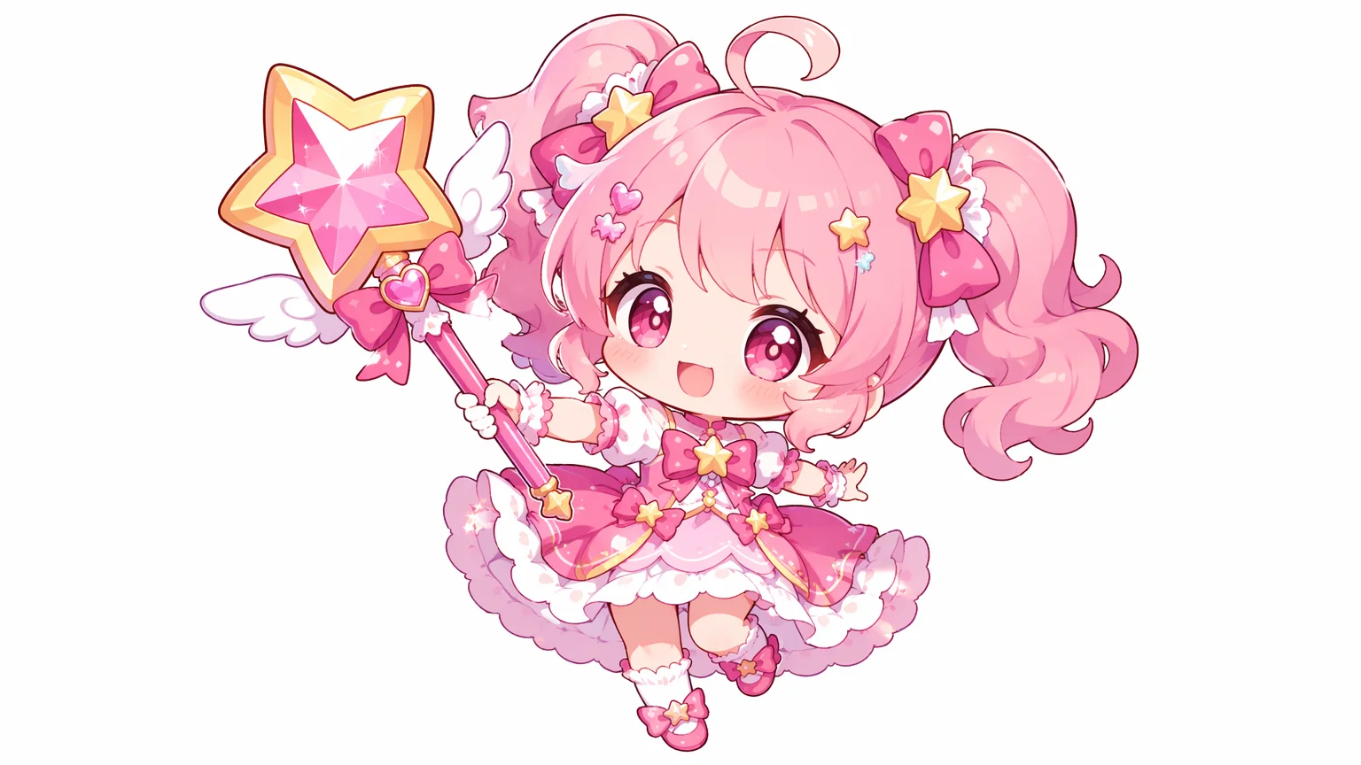 大きな頭と丸い瞳のちびキャラスタイルで描かれたオリジナルの魔法少女イラスト
