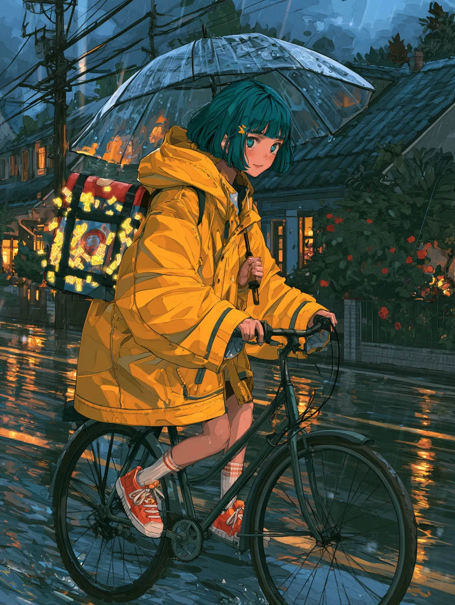 Anime-style girl with a teal bob and a yellow raincoat riding a bicycle in the rain with a glowing bag