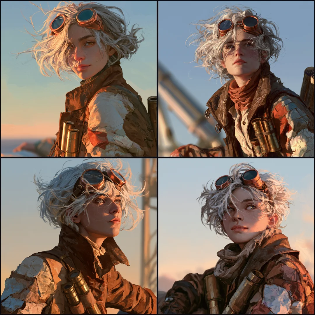 Four portraits of the same silver-haired explorer with copper goggles, each with a different pose and crop