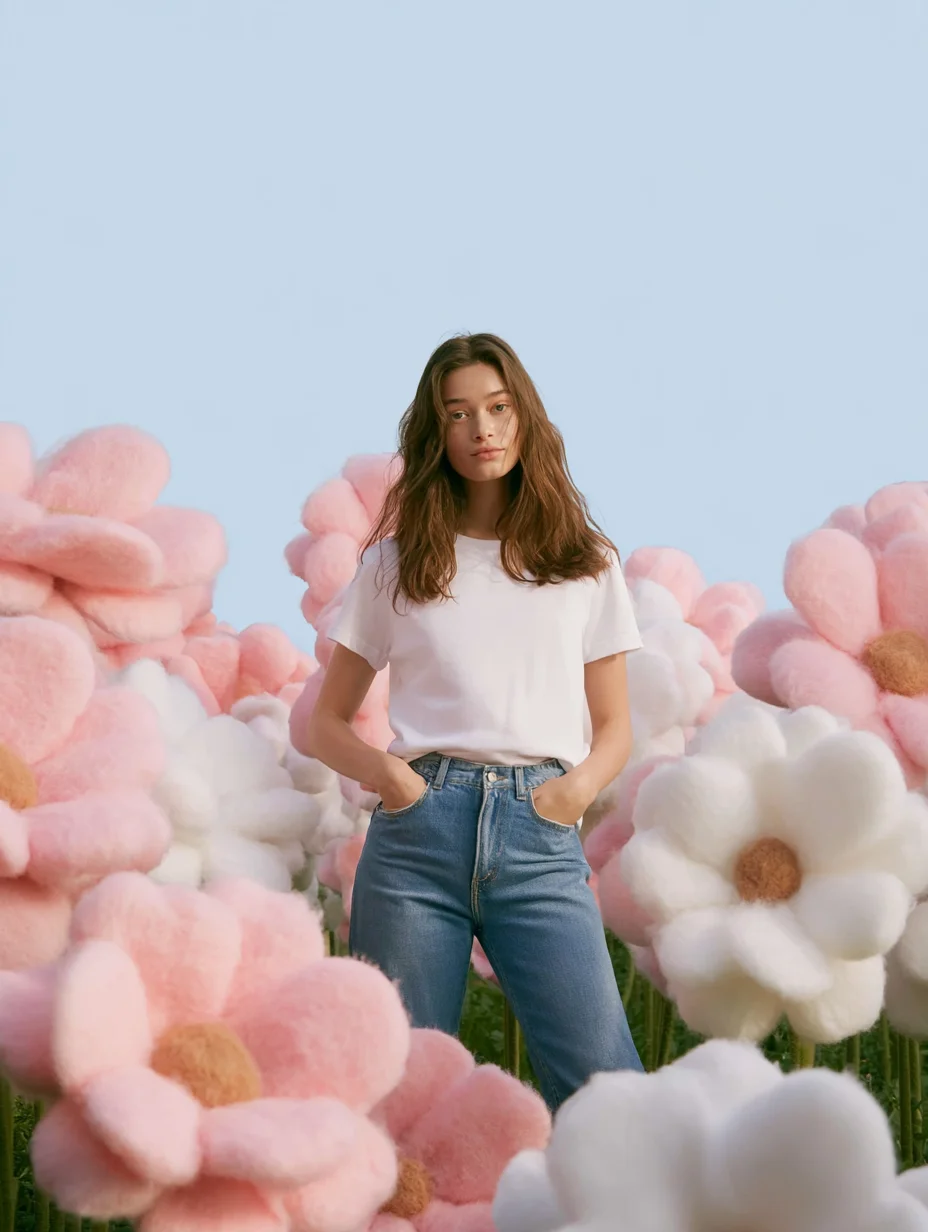 A young woman in a white t-shirt and jeans standing among giant pink and white felt flowers