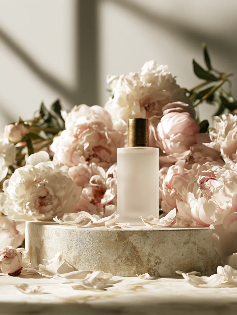 Frosted glass perfume bottle with a brass cap on a stone plinth surrounded by pale peonies