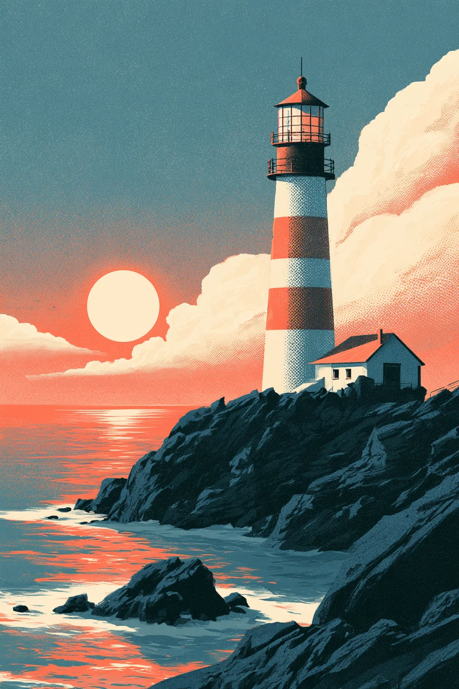 Retro screen-print style illustration of a red and white lighthouse on dark rocks at sunset