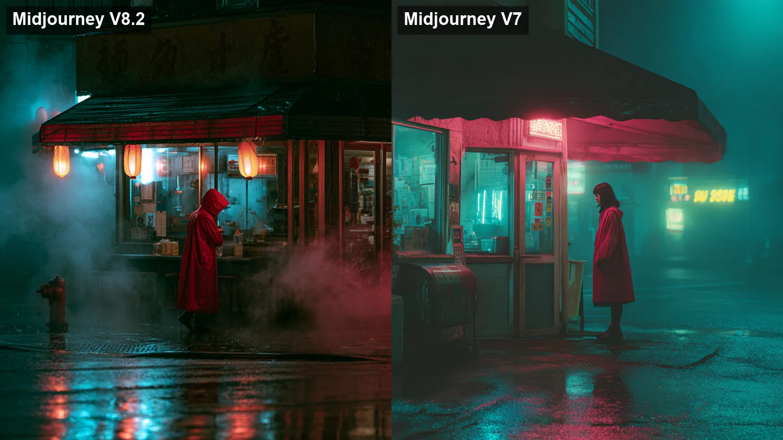 Side-by-side night street scenes of a woman in a red raincoat outside a noodle shop, rendered by two model versions