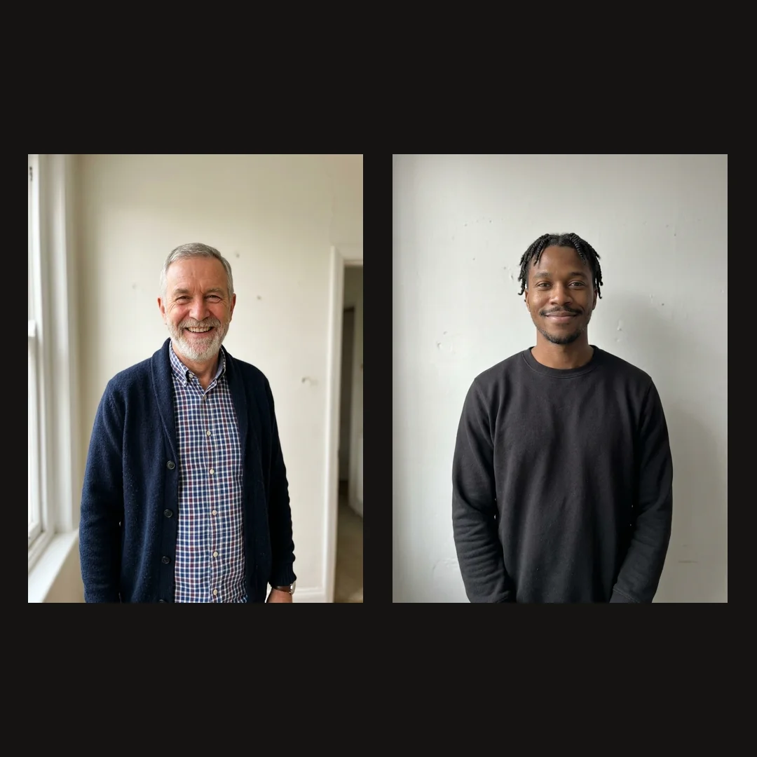 Two input portraits for the Migos AI video: an older man in a navy cardigan and a younger man in a black sweatshirt