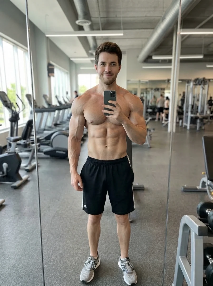 The bodybuilder build: thick arms and shoulders, a broad chest on the same photo