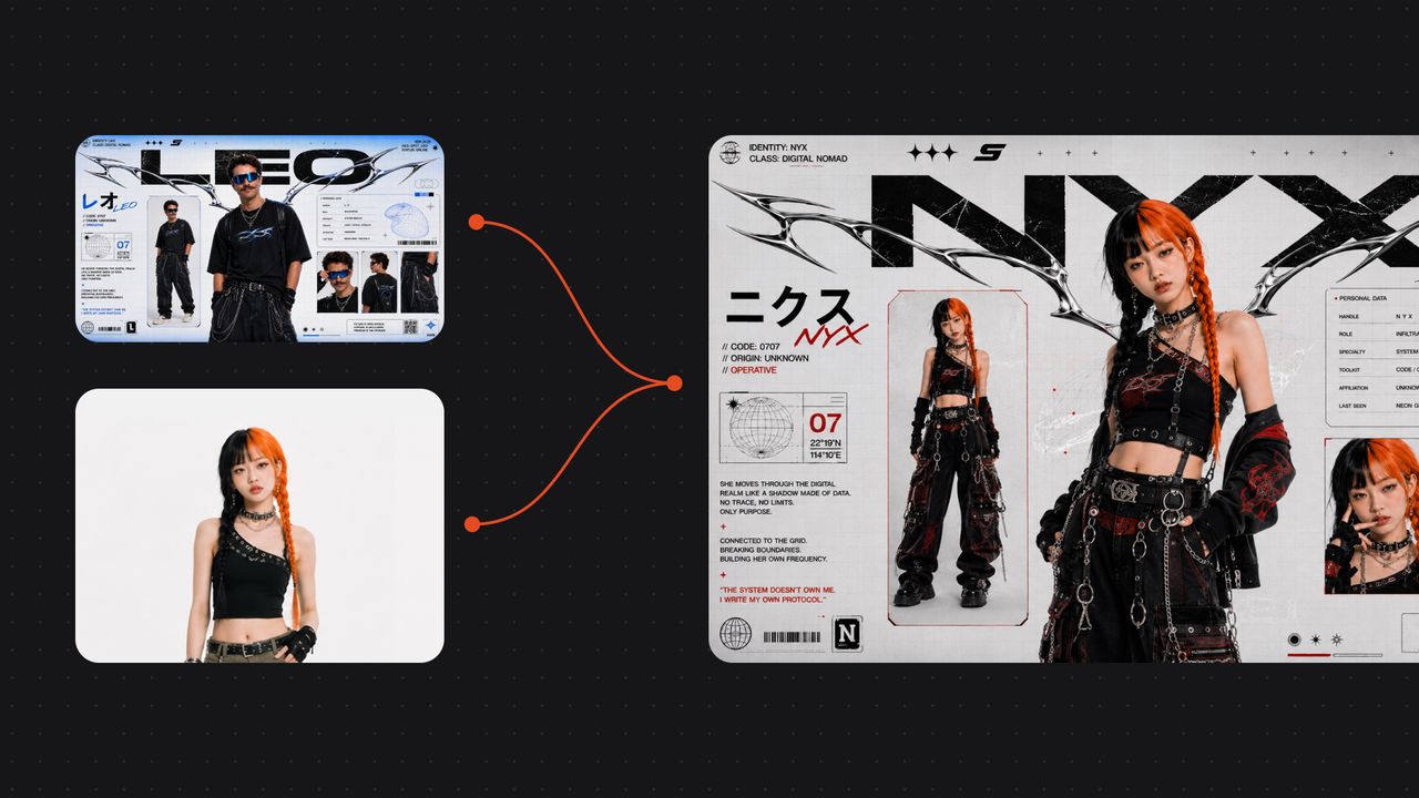 An original cyberpunk AI character card showing a game-style hero with a defined look
