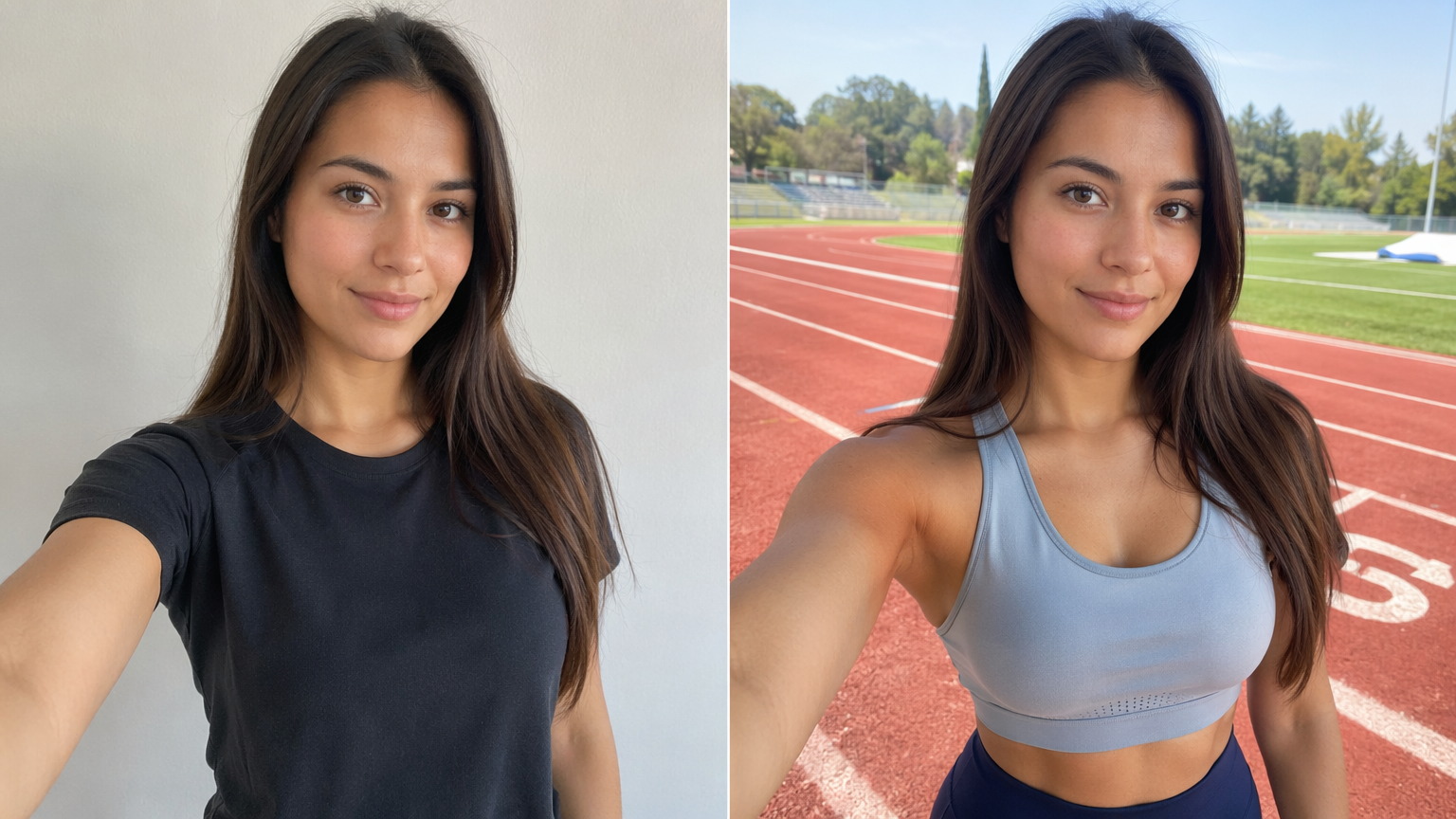 Antes y después de un cambio de look con IA: una selfie casual junto a la misma persona con ropa deportiva athleisure