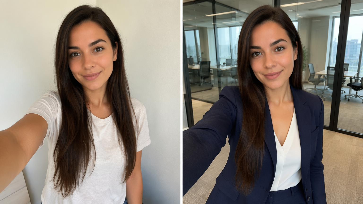 Antes y después de un cambio de look con IA: una selfie casual junto a la misma persona con un traje de negocios azul marino entallado