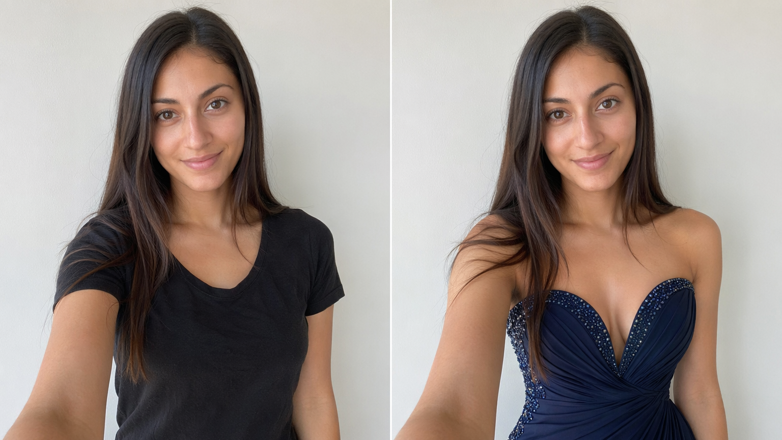 Antes y después de un cambio de look con IA: una selfie casual junto a la misma persona con un elegante vestido de noche