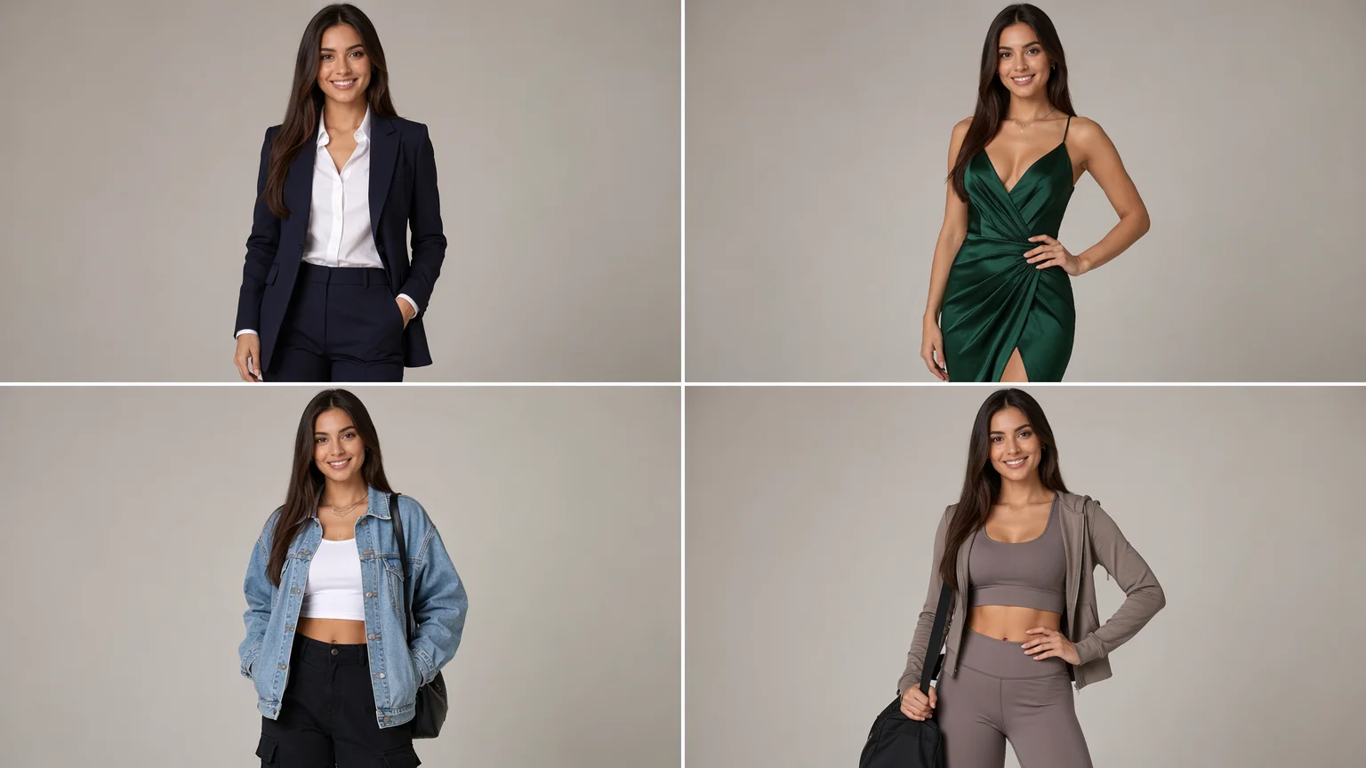 The same person shown in four AI-generated outfits — business suit, evening gown, streetwear, and athleisure