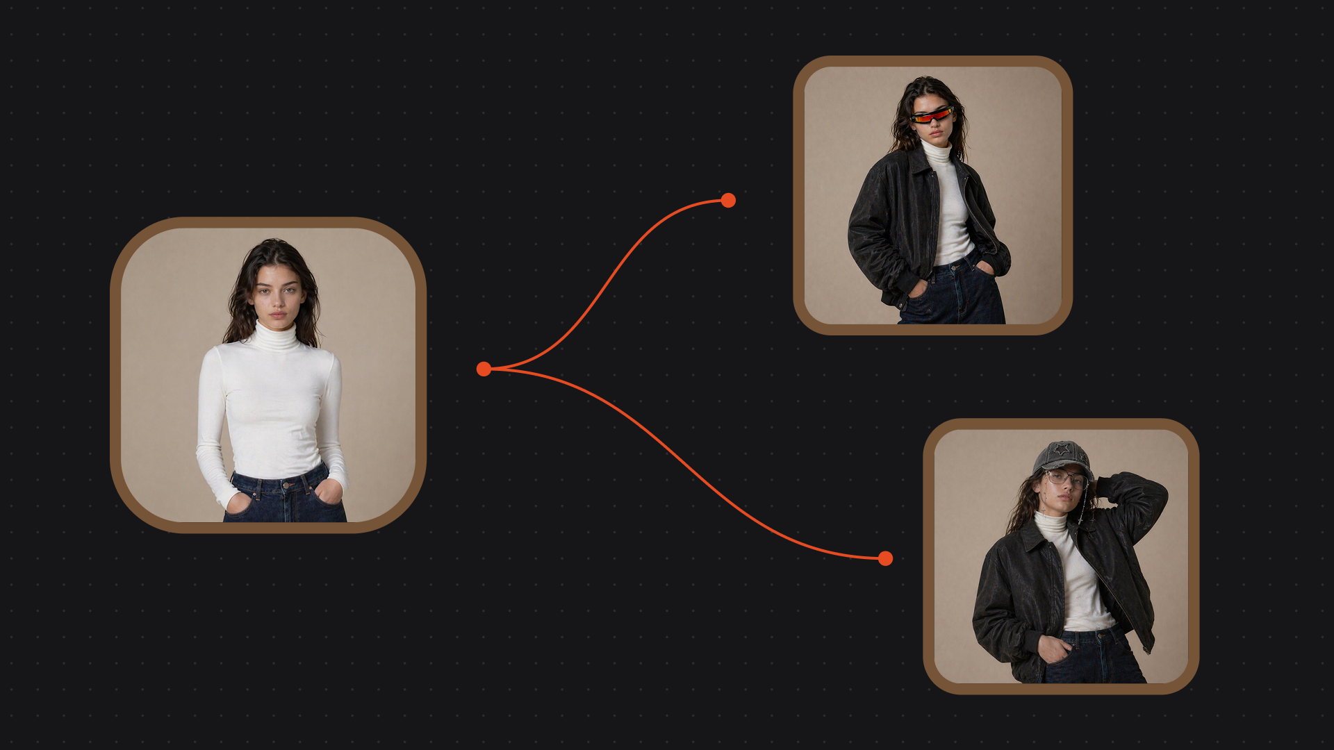 A grid of the same virtual AI influencer restyled into several different outfits while keeping a consistent face
