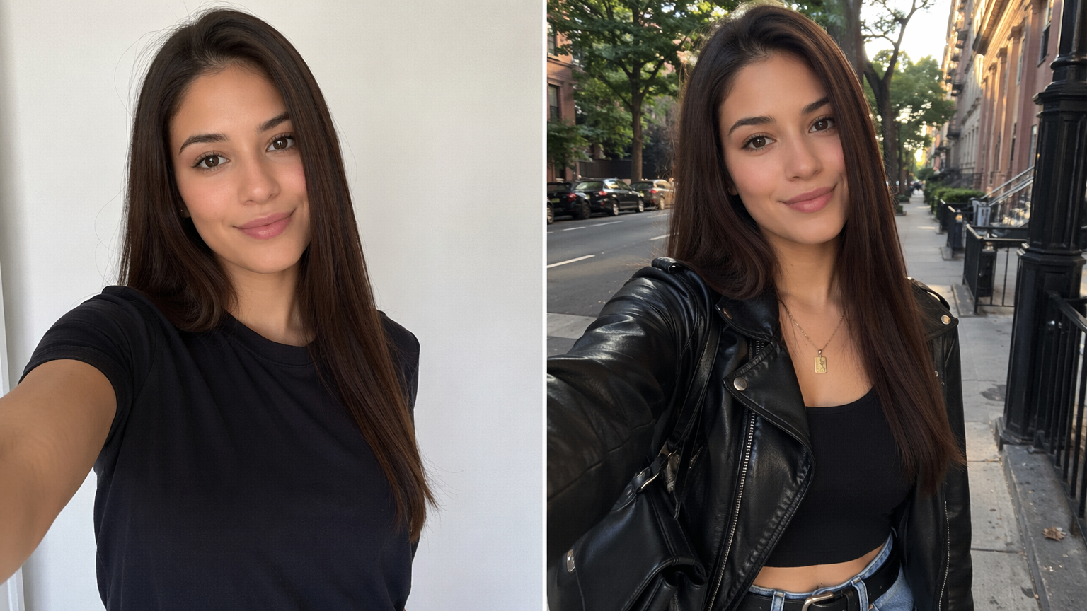 Antes y después de un cambio de look con IA: una selfie casual junto a la misma persona con streetwear urbano