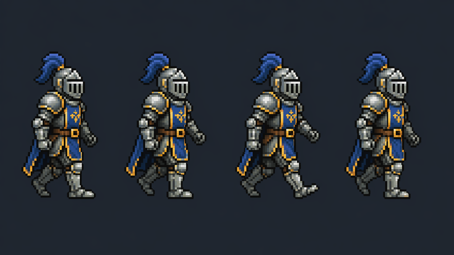 16-bit SNES-style knight pixel art sprite sheet in plate armor, four-frame walk cycle