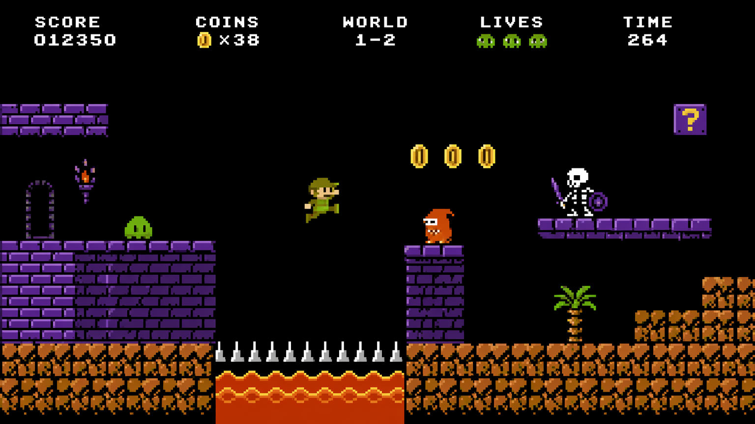 NES-era 8-bit pixel art platformer scene with an original hero sprite, chunky 4-color-style pixels