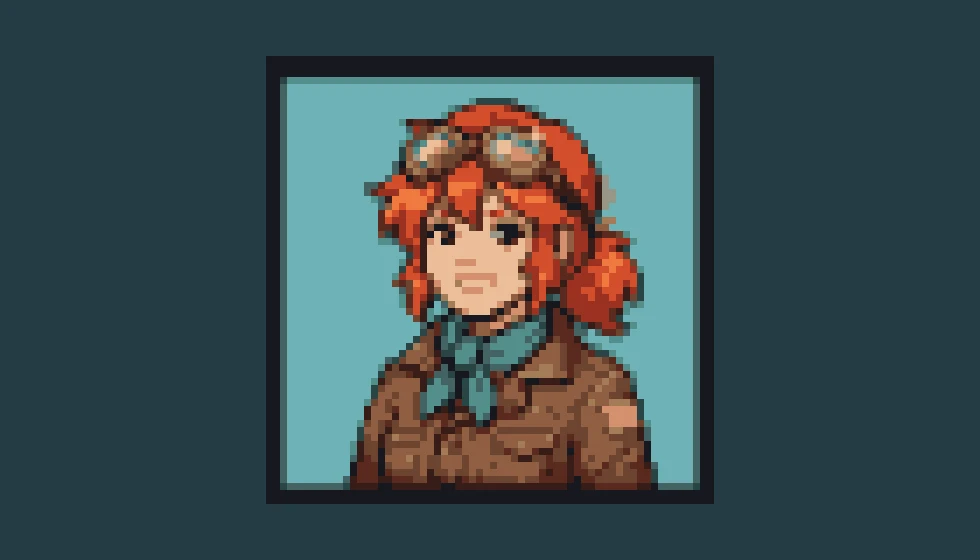 A 64 by 64 explorer avatar with red hair, goggles and teal scarf, enlarged with nearest-neighbor scaling
