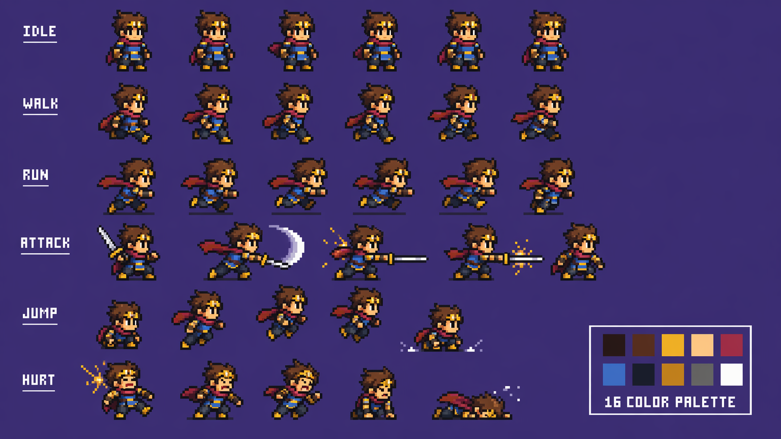 A finished pixel art character sprite sheet with idle, walk, run, attack, jump and hurt poses