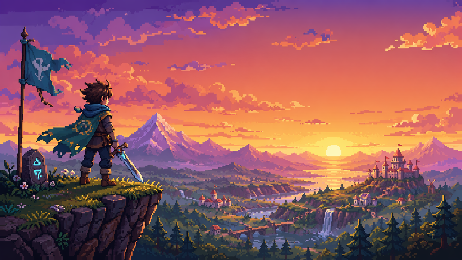 Original pixel art hero overlooking a sunset fantasy landscape, modern indie pixel-art style