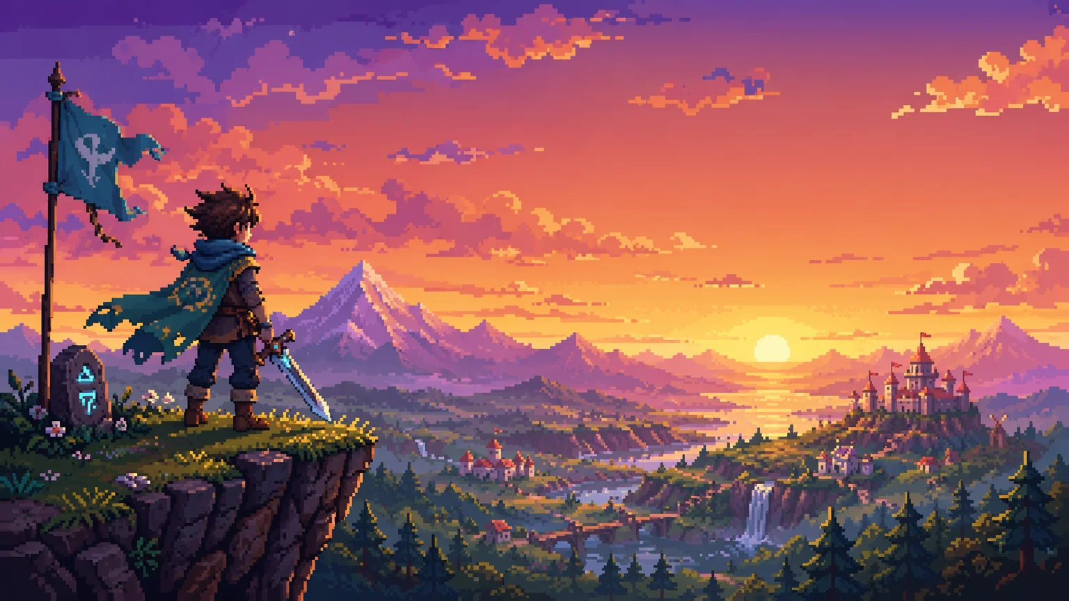 Original pixel art hero overlooking a sunset fantasy landscape, modern indie pixel-art style