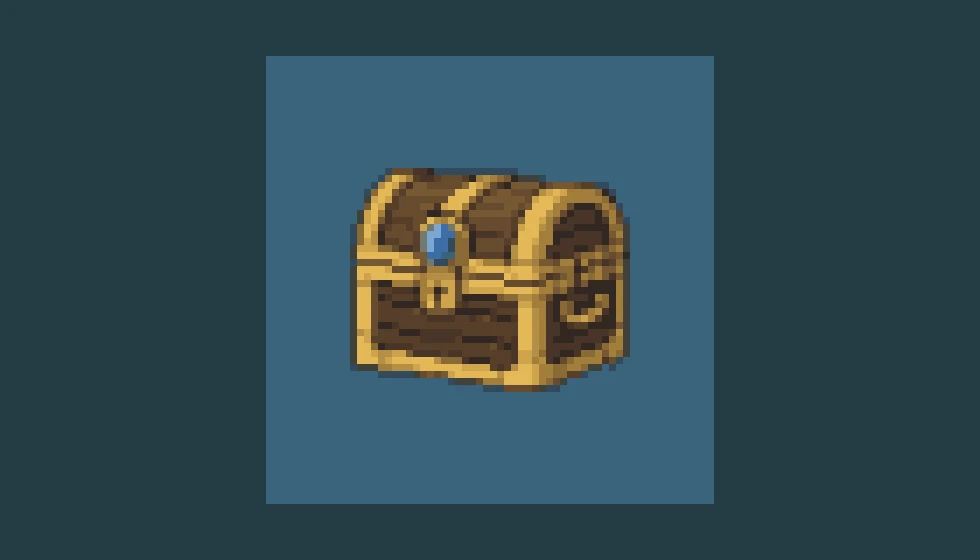 A 64 by 64 treasure chest image with a blue gem, enlarged without smoothing