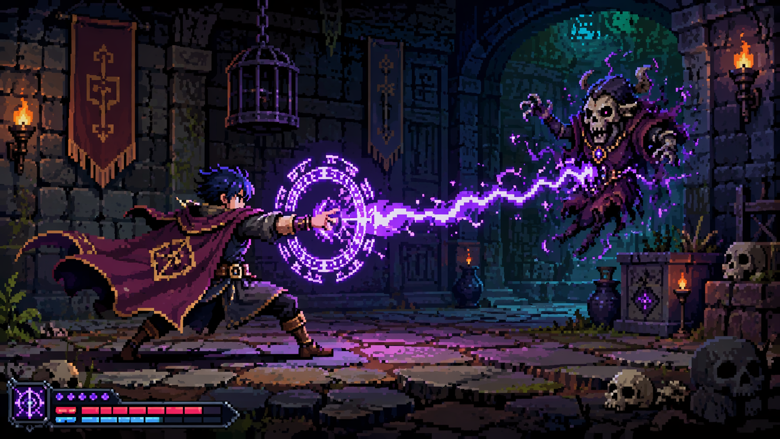 Modern indie pixel art scene of a caped hero casting a glowing spell against a lich in a dungeon