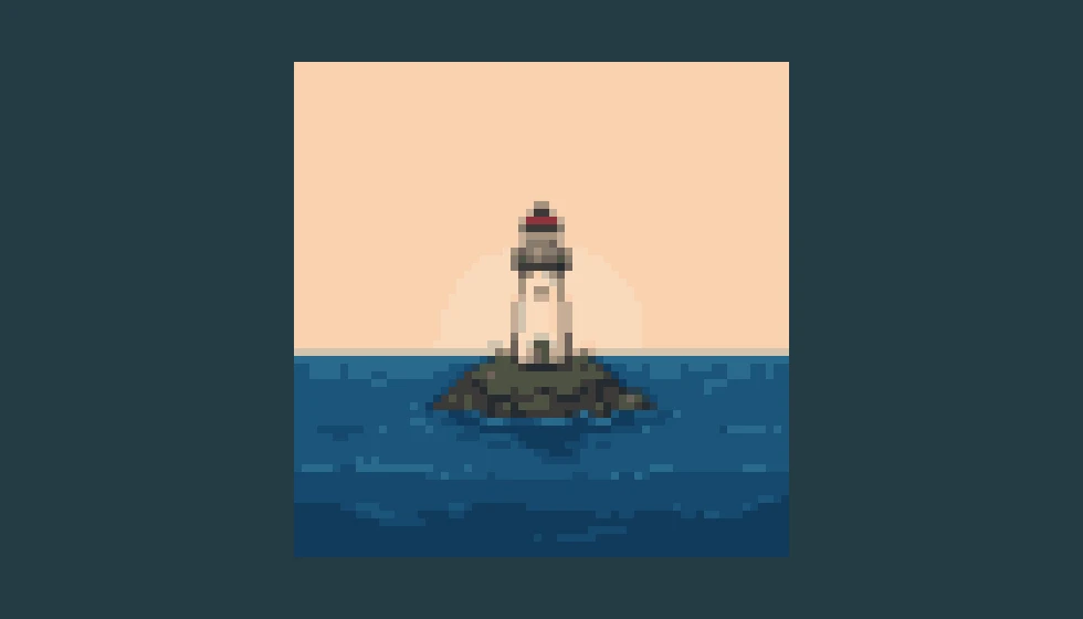 A 64 by 64 lighthouse scene with blue water and peach sky, enlarged without smoothing
