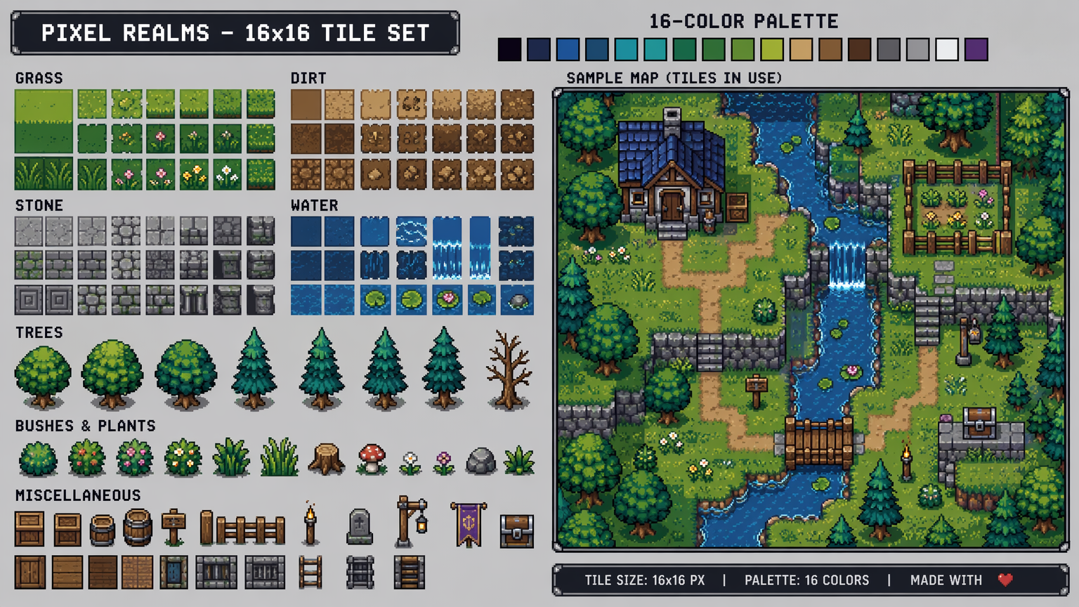 16-bit pixel art tile set of grass, stone, water and trees with a 16-color palette and sample map