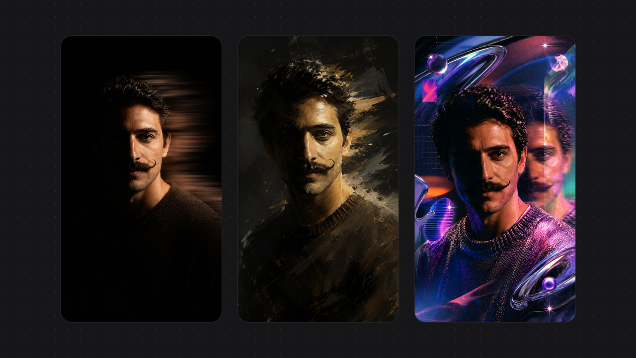 Tres retratos con IA de la misma persona original en estilos editoriales dramático, pictórico y de neón