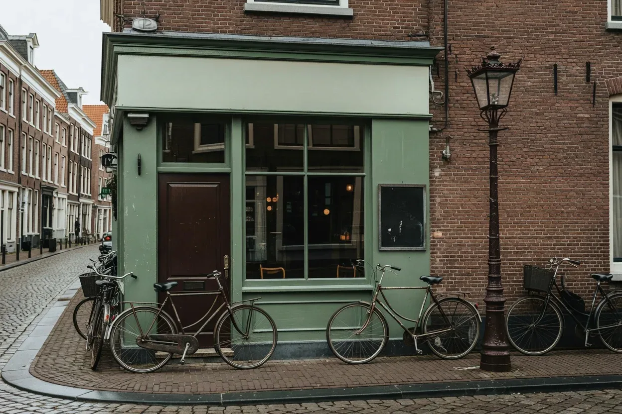 After all-text erase: the same café with the shop sign and chalkboard wiped blank, showing that in-scene text is removed as well