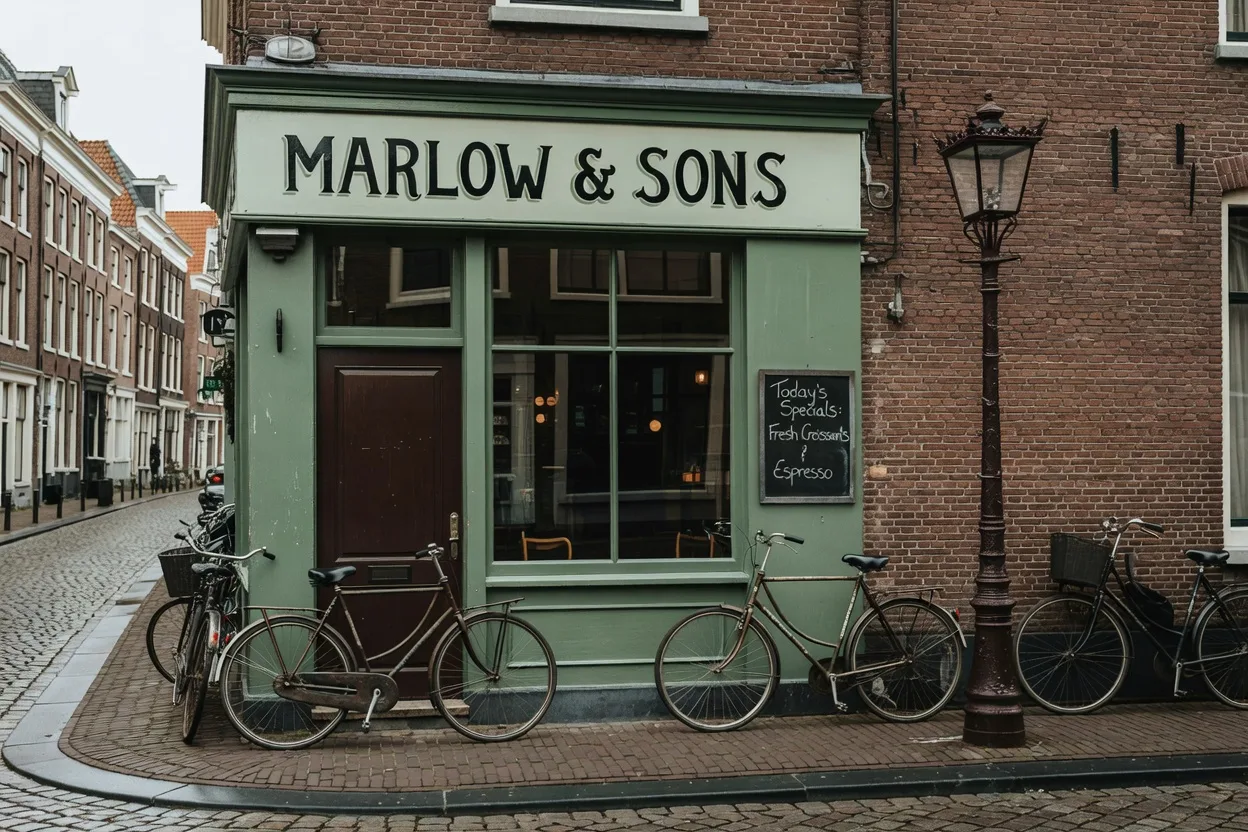 Before removing text: a corner café with a painted shop sign above the window and a chalkboard by the door