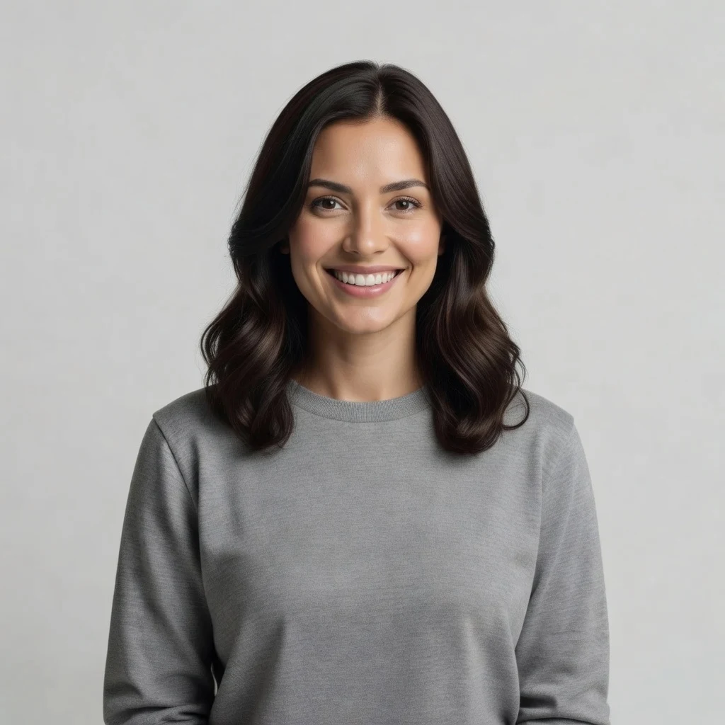 Wide smile setting: the same AI-generated fictional woman with a broad open smile showing the upper teeth