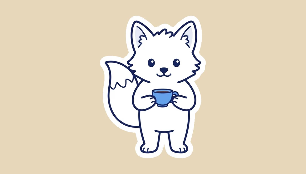 Sticker de un zorro blanco con una taza azul, exportado con fondo transparente