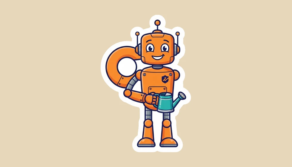 Sticker de una mascota robot naranja con una regadera verde azulado