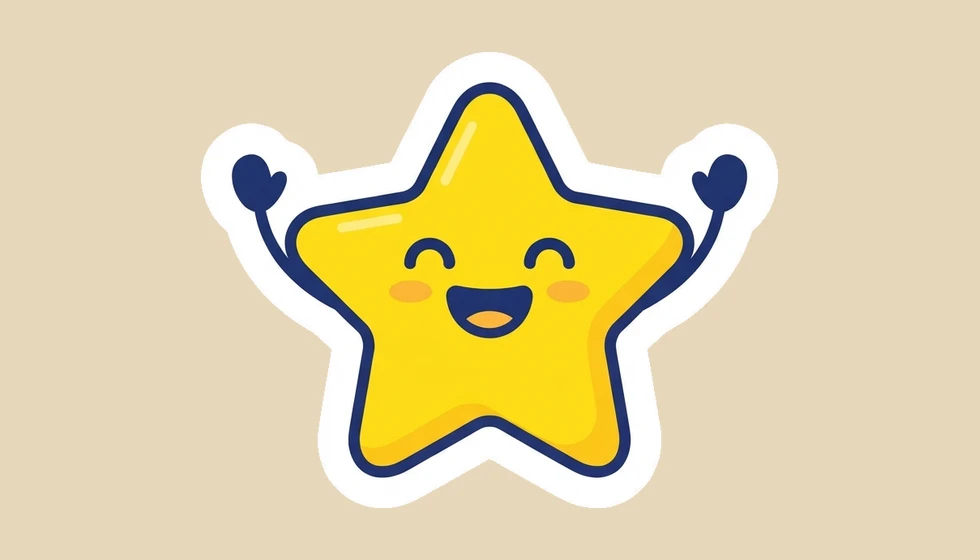 Sticker de una estrella amarilla riéndose, con manos azul marino levantadas y borde blanco