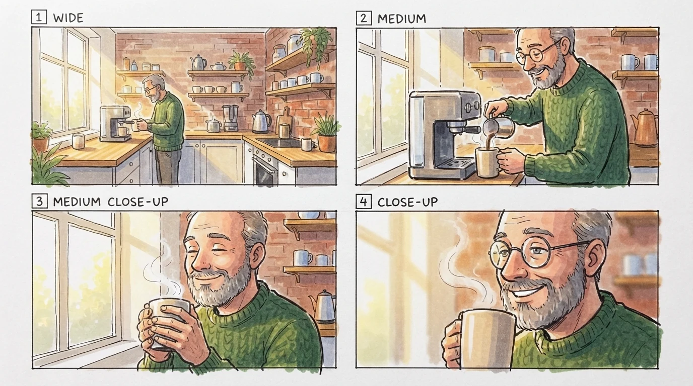 Four-panel color marker storyboard of a bearded man making morning coffee in a sunlit kitchen